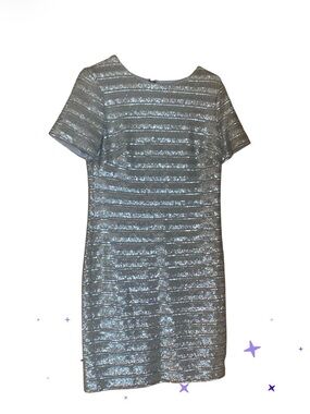 Lauren Ralph Lauren Silver Sequin Mesh Sheath Dress Short Sleeve Size 6 pristine